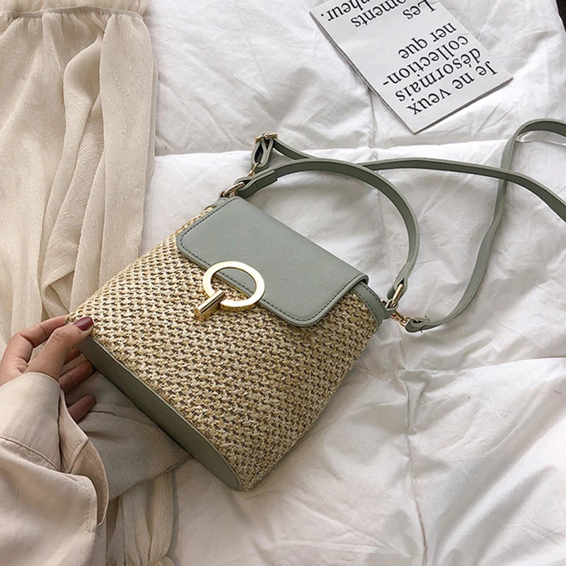 Strand Dame Reise Geldbörsen und Handtaschen Casual Ketten Stroh Eimer Taschen Frauen Sommer Umhängetasche Rattan Taschen Schulter Tasche Bolsa