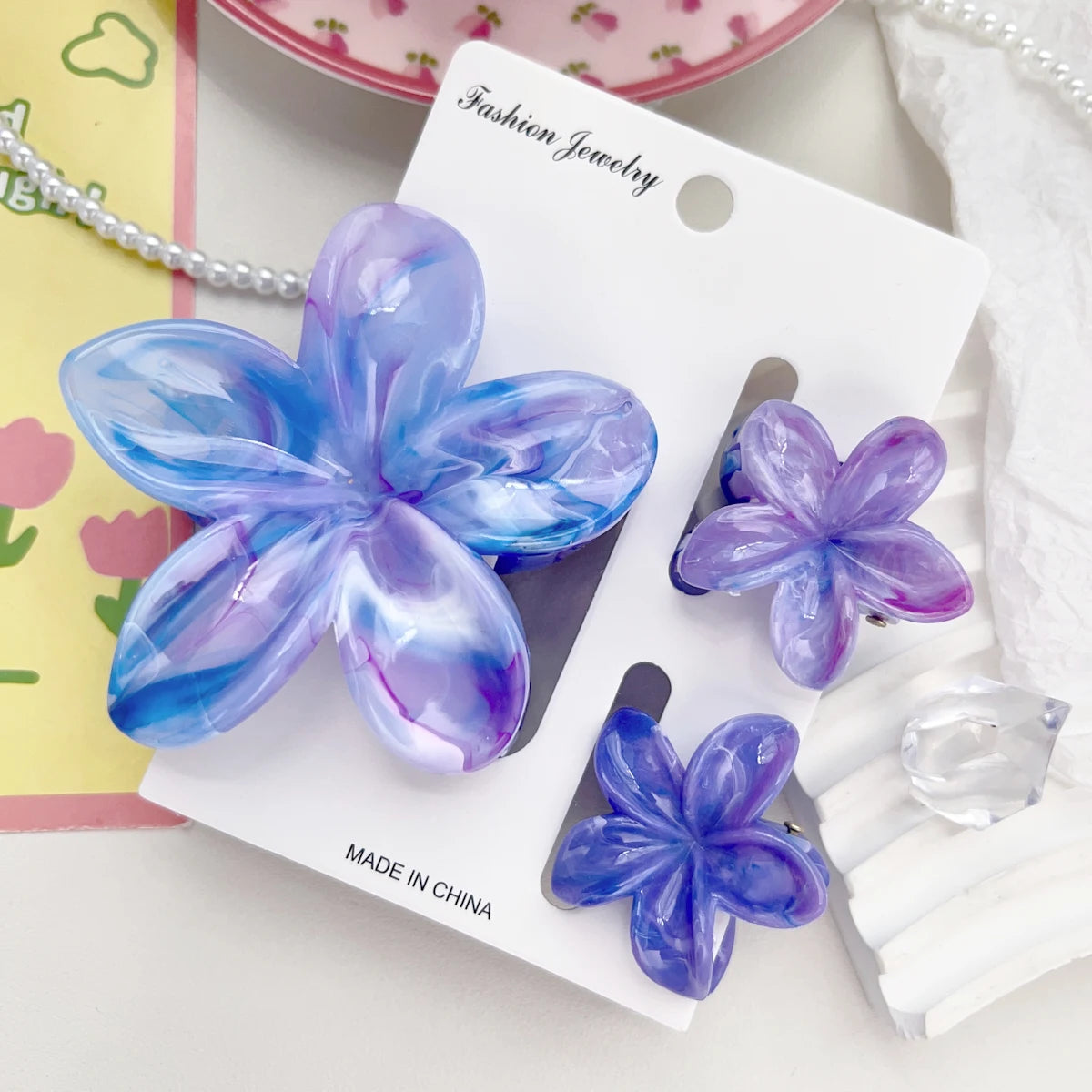 Hawaiianische Blumenkrallenklammern für Frauen, Blumen-Haarklammern mit Marmorader für dünnes Haar, süßer Strand-Haarschmuck