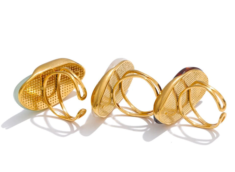 Yhpup Neues Design Braun Grün Beige Harz Geometrisch Verstellbarer Ring Golden PVD Edelstahl Rostfrei Fingerschmuck Geschenk