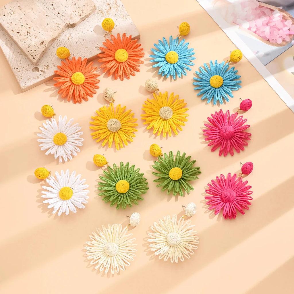 Bunte Sonnenblumen-Ohrringe für Frauen und Mädchen, handgefertigt, böhmische Rattan-Strickohrringe, Sommer-Party-Schmuck, Geschenke