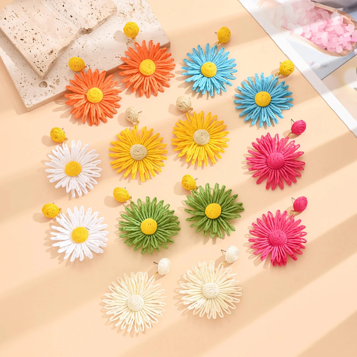 Bunte Sonnenblumen-Ohrringe für Frauen und Mädchen, handgefertigt, böhmische Rattan-Strickohrringe, Sommer-Party-Schmuck, Geschenke