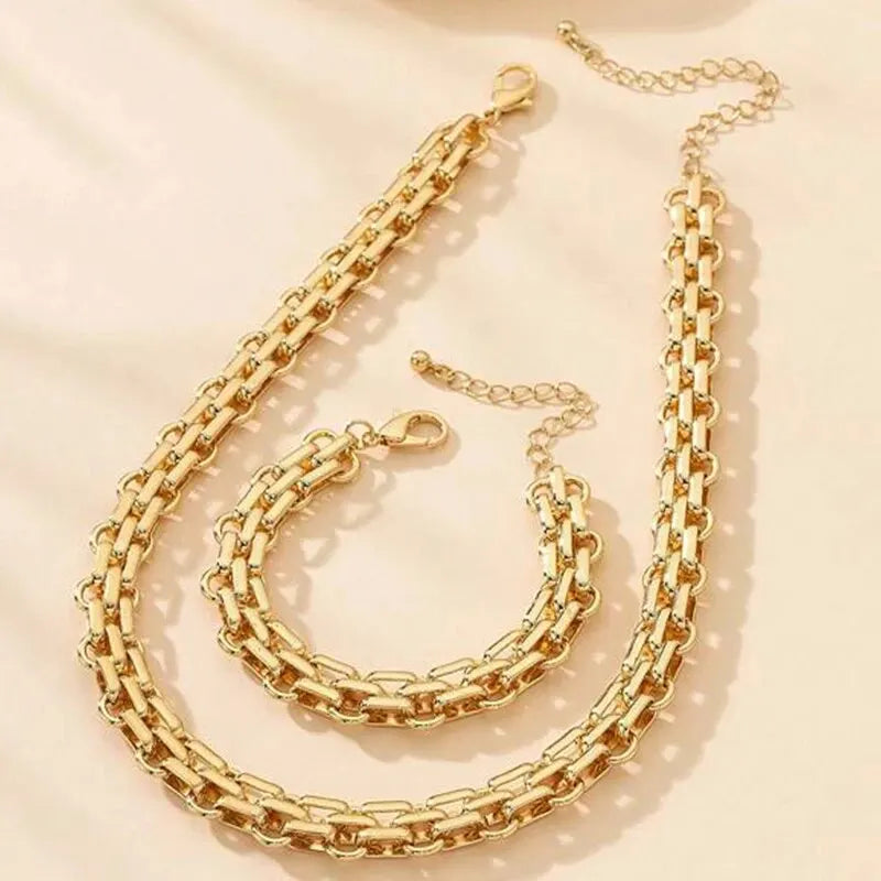 2-teiliges Set Goldfarbene Gliederkette Halskette Armband Set Punk-Armband Große Gliederkette Dubai Afrika Party Schmuckset Geschenk für Frauen