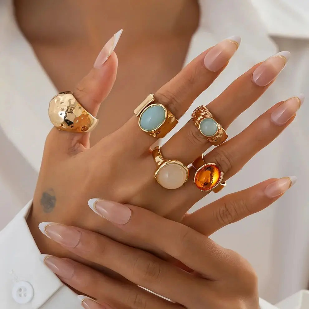 Ingemark 5 Teile/satz Retro Gold Farbe Unregelmäßigen Metall Ring für Frauen Böhmischen Offenen Einstellbar Breiten Ring Ästhetischen Y2K Schmuck Geschenk