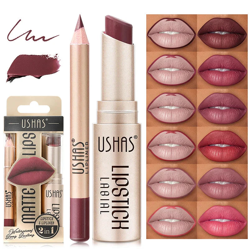 USHAS 12-Farben-Lipliner + Lippenstift-Set, leicht färbender, mattierter Lippenstift, langlebiger nackroter Lippenstift
