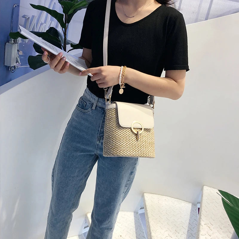 Strand Dame Reise Geldbörsen und Handtaschen Casual Ketten Stroh Eimer Taschen Frauen Sommer Umhängetasche Rattan Taschen Schulter Tasche Bolsa