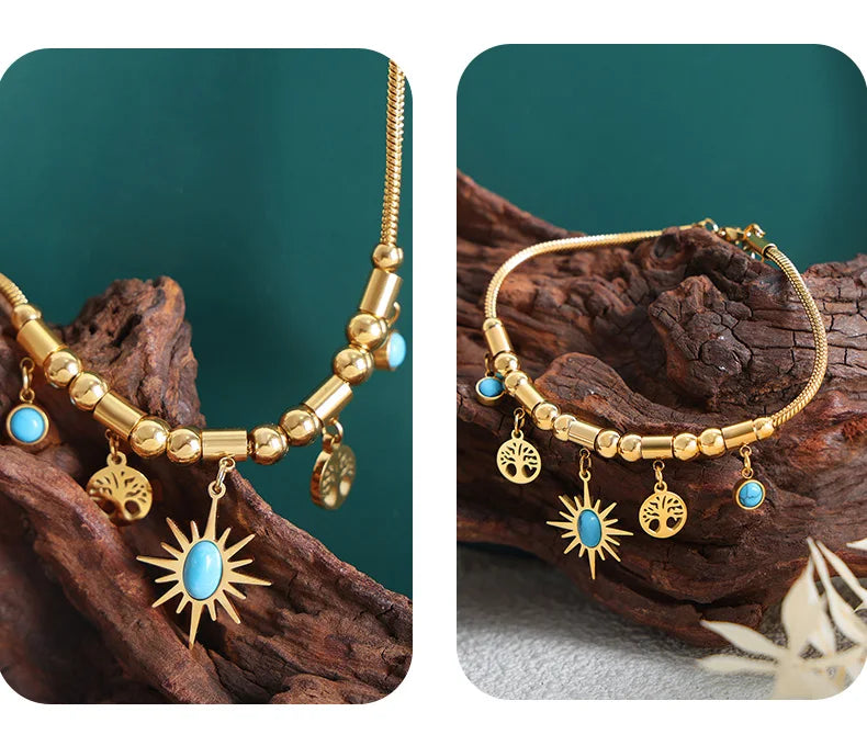 Mode Edelstahl vergoldet Armband Halskette Set Frau 2-teilig Luxus Braut Hochzeit Schmuck Zubehör