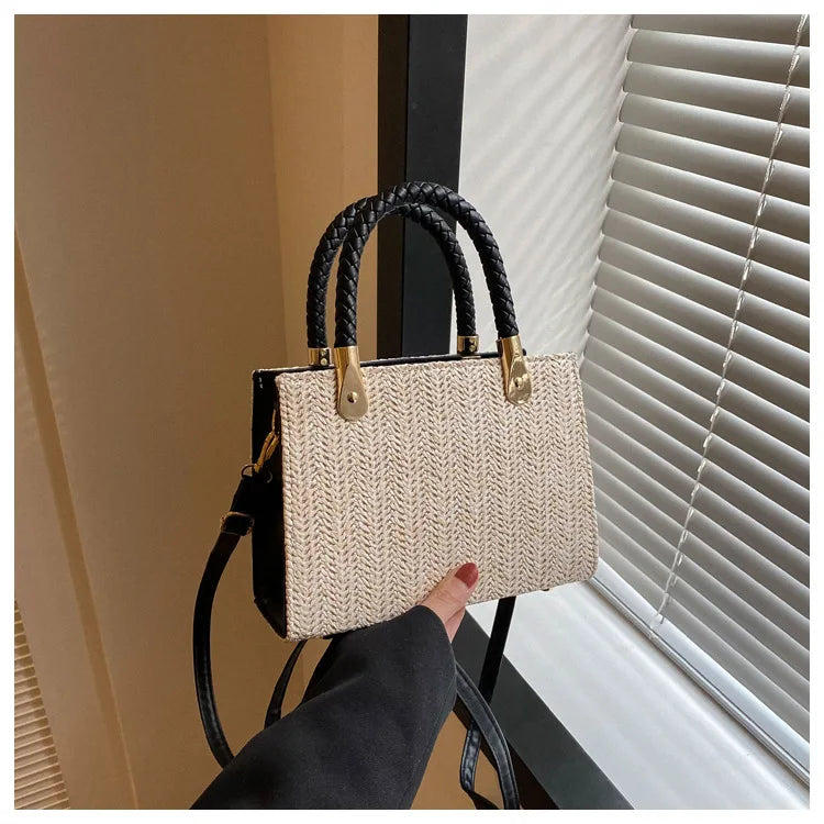 Modische, minimalistische, gewebte Handtasche, einfarbige Umhängetasche aus Strohgeflecht, vielseitige, lässige kleine quadratische Tasche