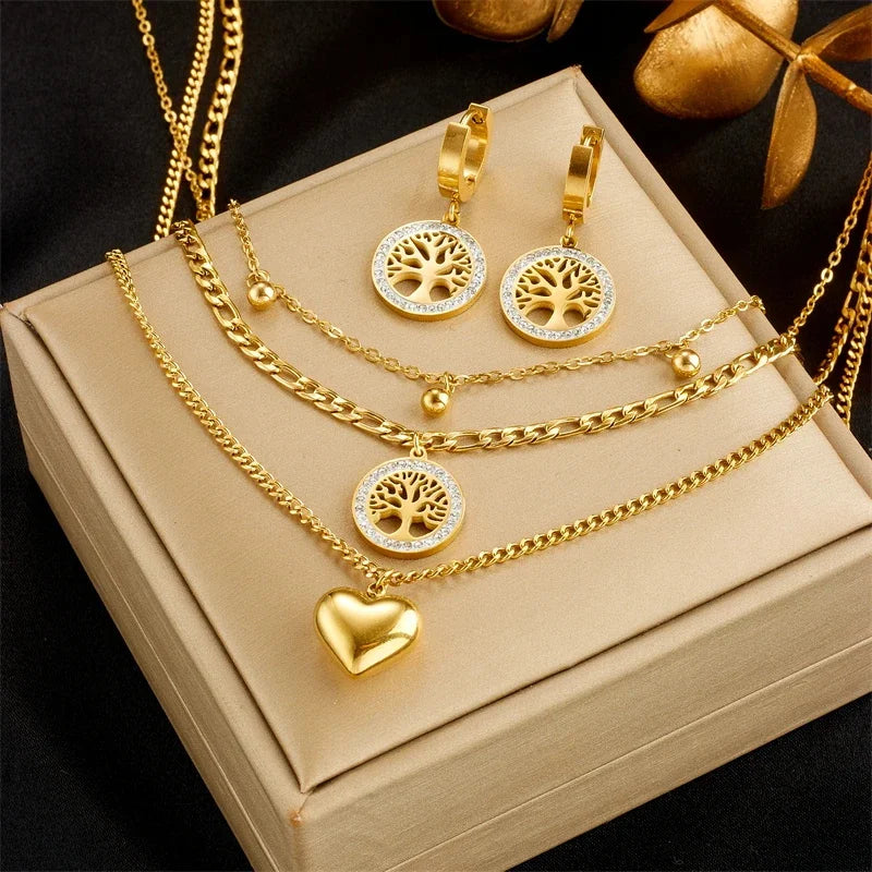 3PCS Set Herz Baum Anhänger Halskette Armband Ohrring Set Vergoldung Großes Herz Anhänger Glück Baum Kristall Schmuck Set