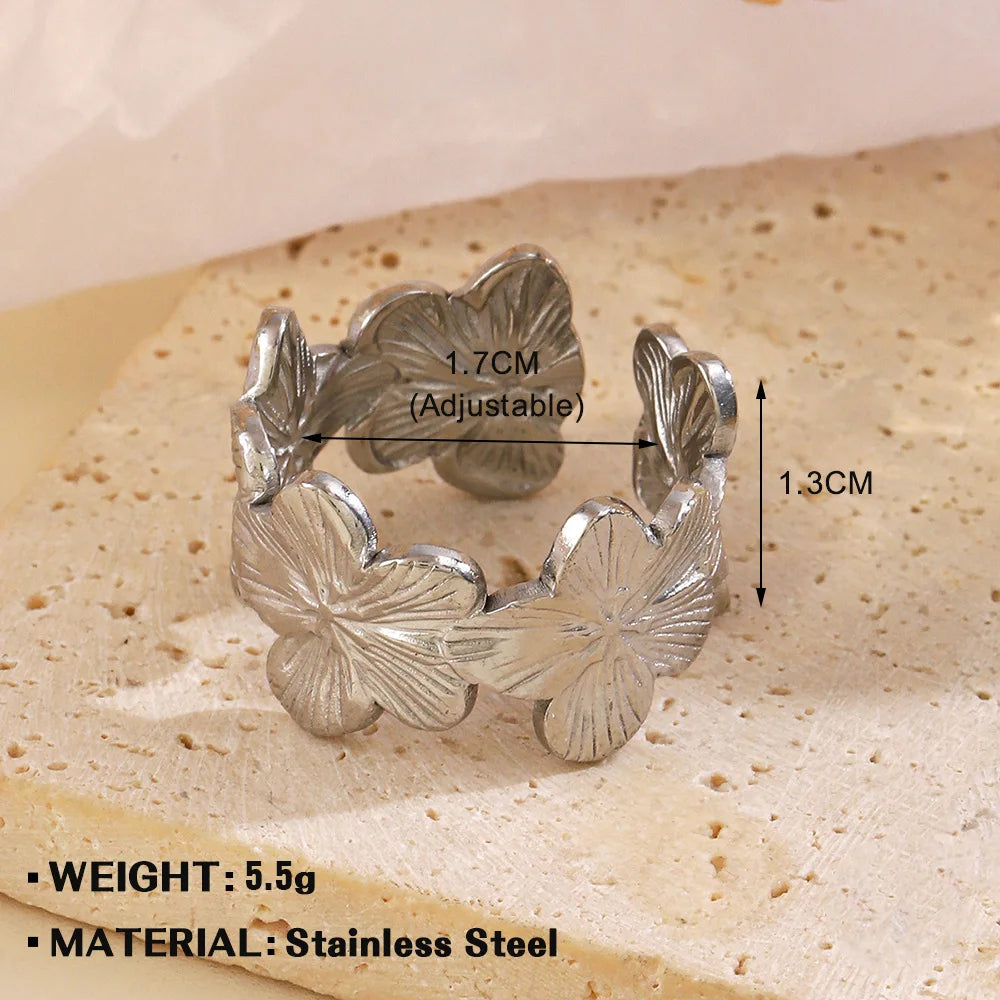 Elegante Edelstahl-Ringe mit großer Blüte für Frauen, 18 Karat Gold, PVD-beschichtet, offener Ring, Fingerschmuck, Hochzeit, ihr Geschenk, Punk