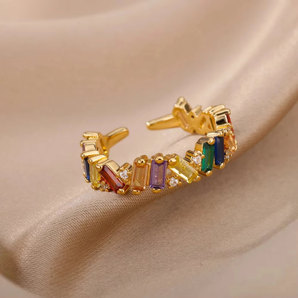Bunte Zirkon Ringe Für Frauen Gold Farbe Edelstahl Farbige Zirkonia Ring Luxus Mode Hochzeit Schmuck Geschenk