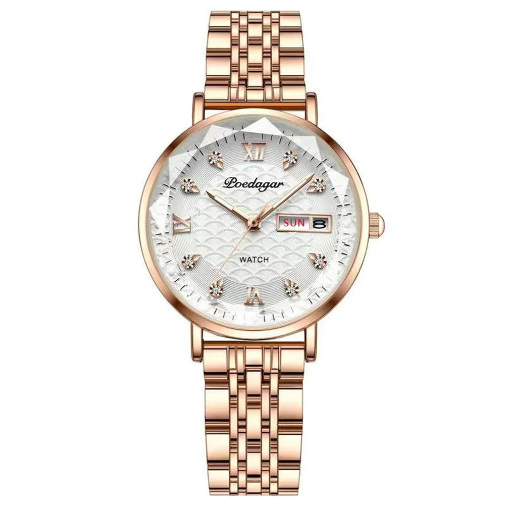 POEDAGAR Frauen Uhr Neue Mode Luxus Edelstahl Armbanduhr Armband Einfache Rose Gold Wasserdicht Leucht Damen Uhren