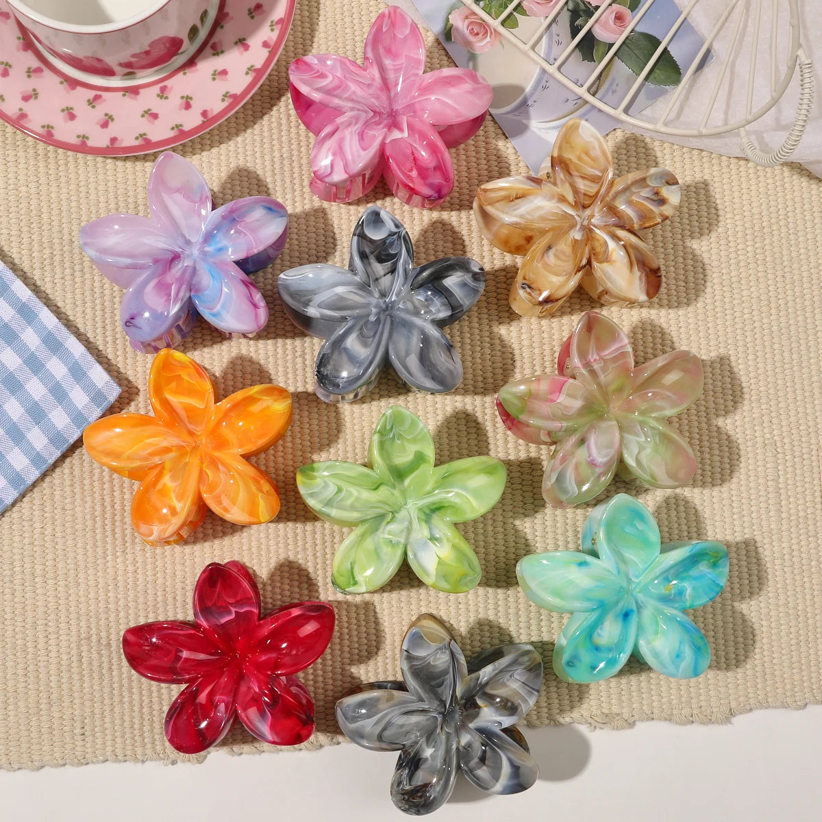 Hawaiianische Blumenkrallenklammern für Frauen, Blumen-Haarklammern mit Marmorader für dünnes Haar, süßer Strand-Haarschmuck