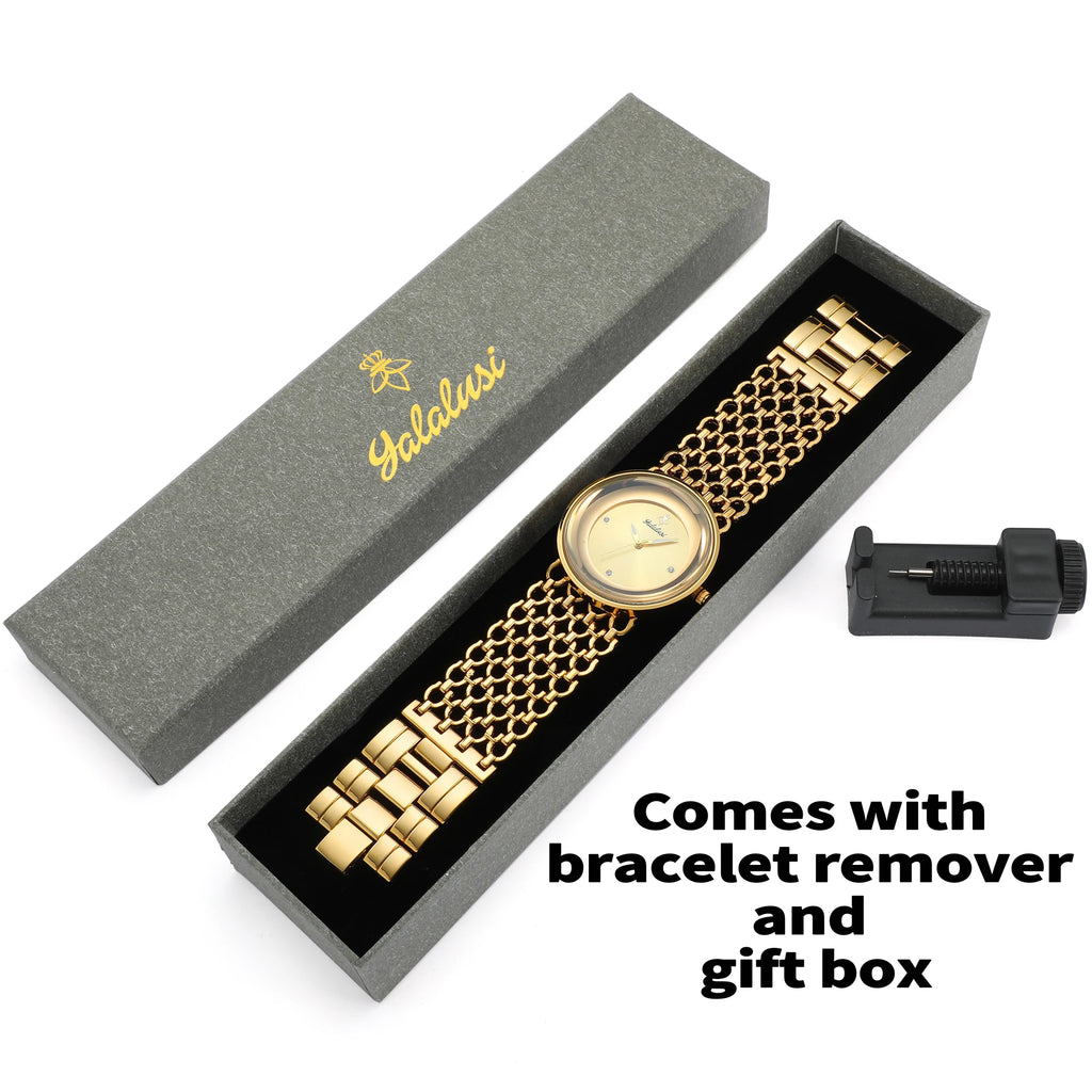 YaLaLuSi Damen-Quarzuhr Gold Luxus-Aktion Skelett-Armband-Design Box-Uhr Vergoldet