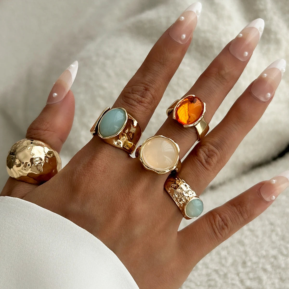Vintage Boho Ring-Set (5-teilig) – Offene Metallringe mit Acryl