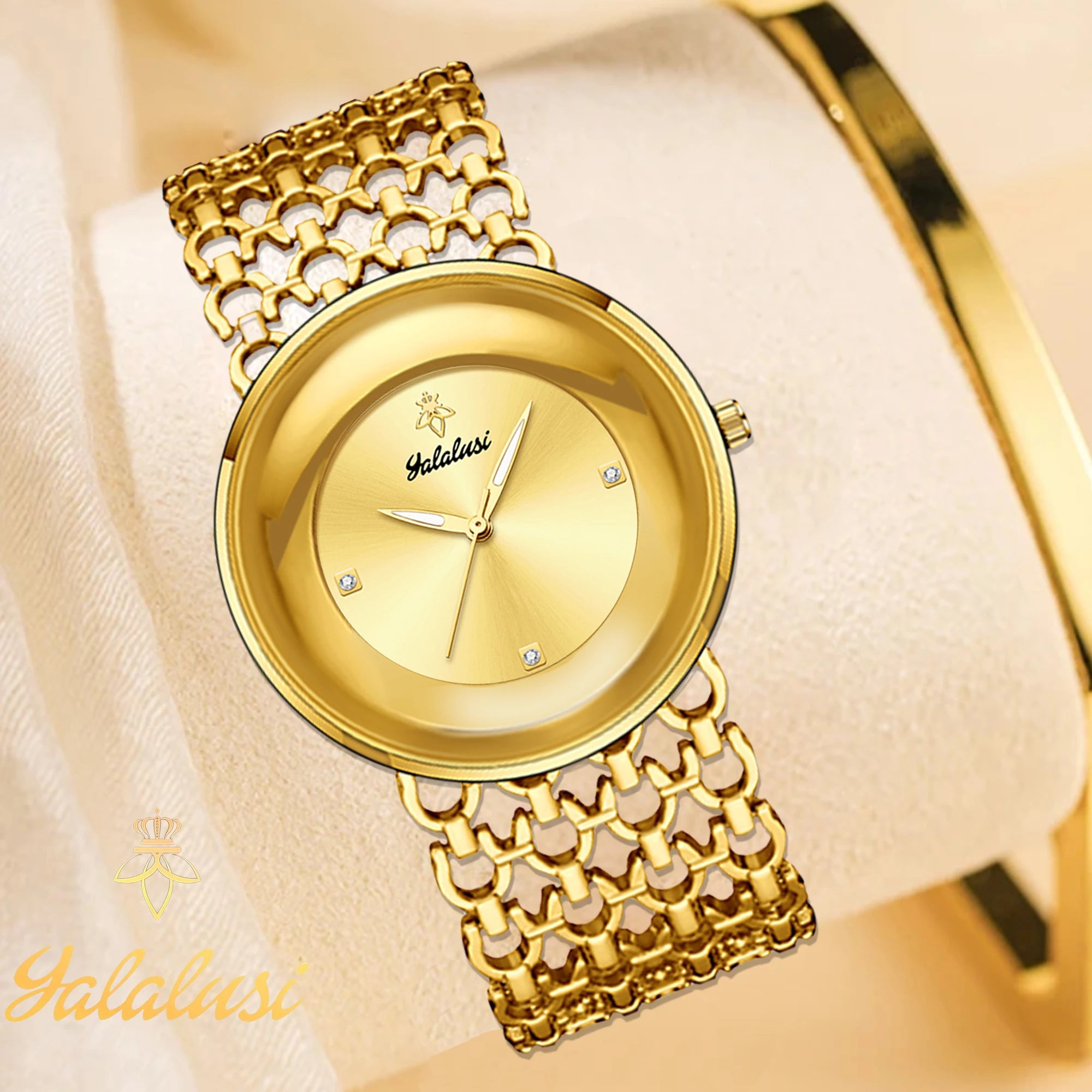 YaLaLuSi Damen-Quarzuhr Gold Luxus-Aktion Skelett-Armband-Design Box-Uhr Vergoldet