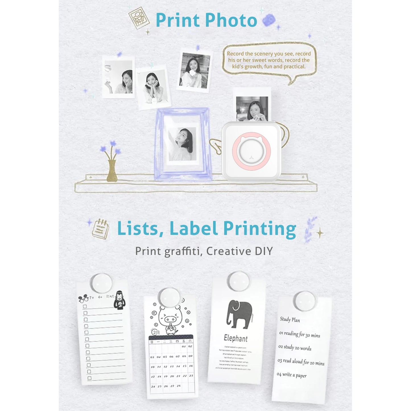 Tragbarer Mini-Thermodrucker, kabellos, BT 203 dpi, Fotoetikett, Memo, falsche Frage, Drucken mit USB-Kabel, tragbar