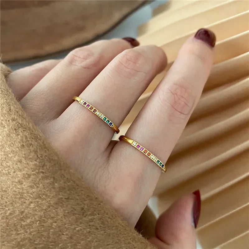 2 Teile/satz Edelstahl Regenbogen Farbe Kubikzircon Stein Finger Ringe für Frauen INS Gold Farbe Wasserdicht Sterne Ring Schmuck
