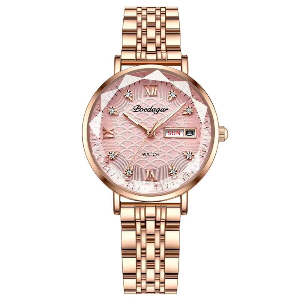 POEDAGAR Frauen Uhr Neue Mode Luxus Edelstahl Armbanduhr Armband Einfache Rose Gold Wasserdicht Leucht Damen Uhren