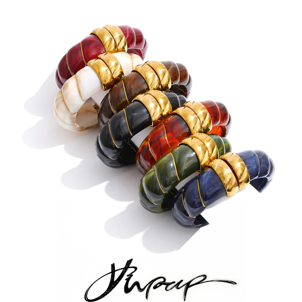 Yhpup Exklusives mehrfarbiges Acrylharz, breites Statement-Armband, Armreif, Edelstahl, Herbst-Winter-Pullover, Handgelenkschmuck