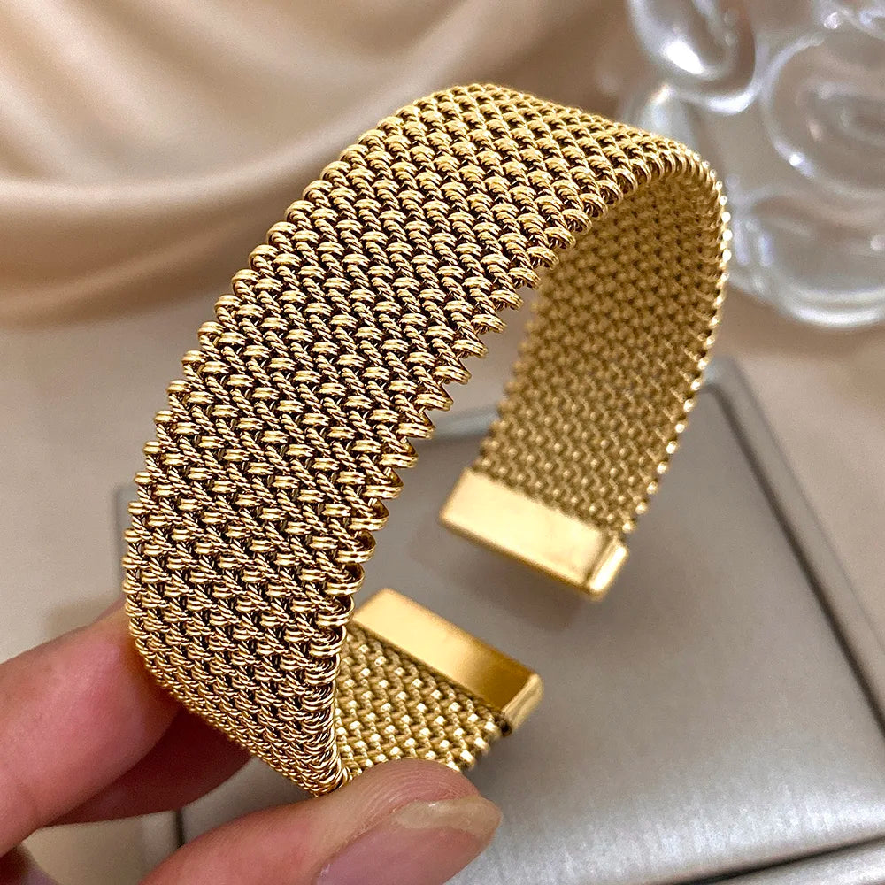 Vintage-Webart, goldene Manschettenarmbänder für Frauen, elegant, trendig, Edelstahl, klobiges Armband, Armreif, wasserdicht, Schmuck, Geschenke