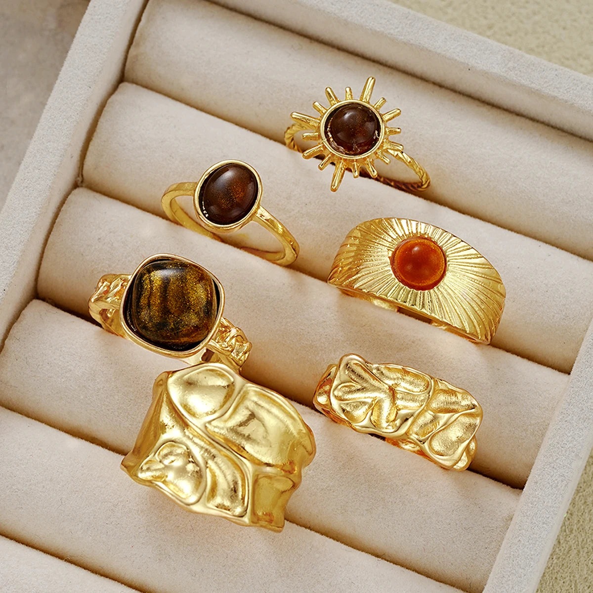 6 Teile/satz Vintage Sonne Blume Tigerauge Stein Ringe für Frauen Unregelmäßige Gold Farbe Ästhetischen Offene Ringe Mode Schmuck Geschenke 2025