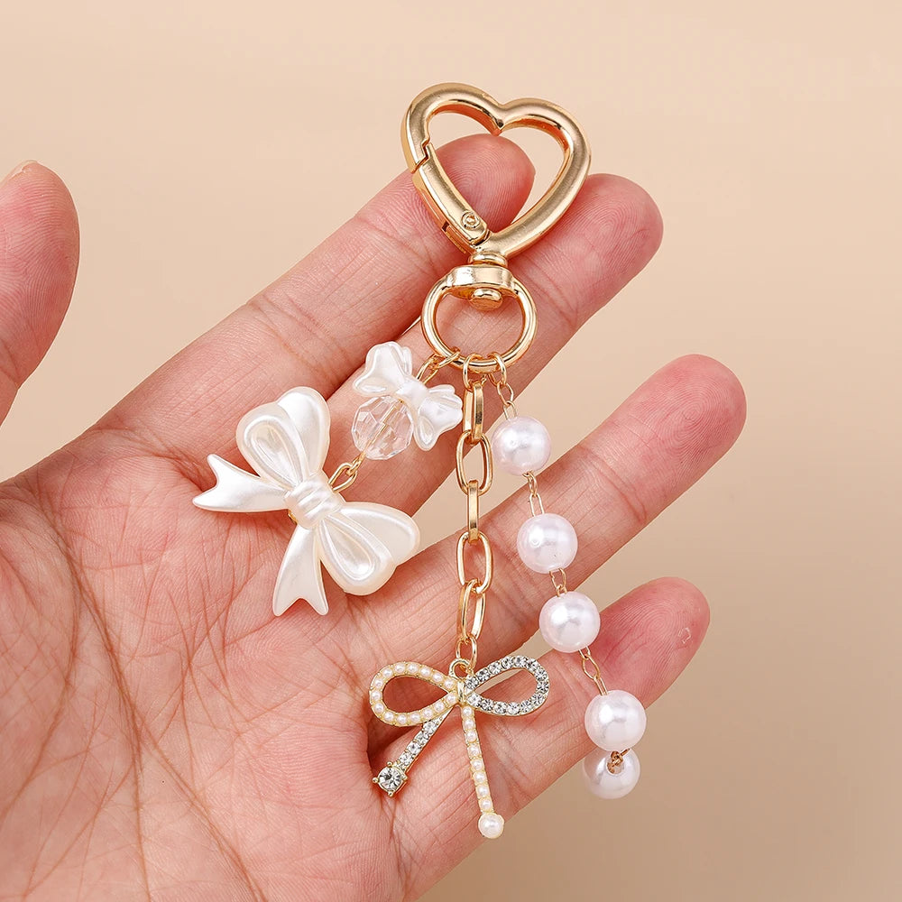 Süße Schleife Liebe Herz Schlüsselanhänger Kristall Perle Schlüsselanhänger Anhänger für Frauen Mädchen Handtasche Dekor DIY handgemachte Schlüsselanhänger Geschenke