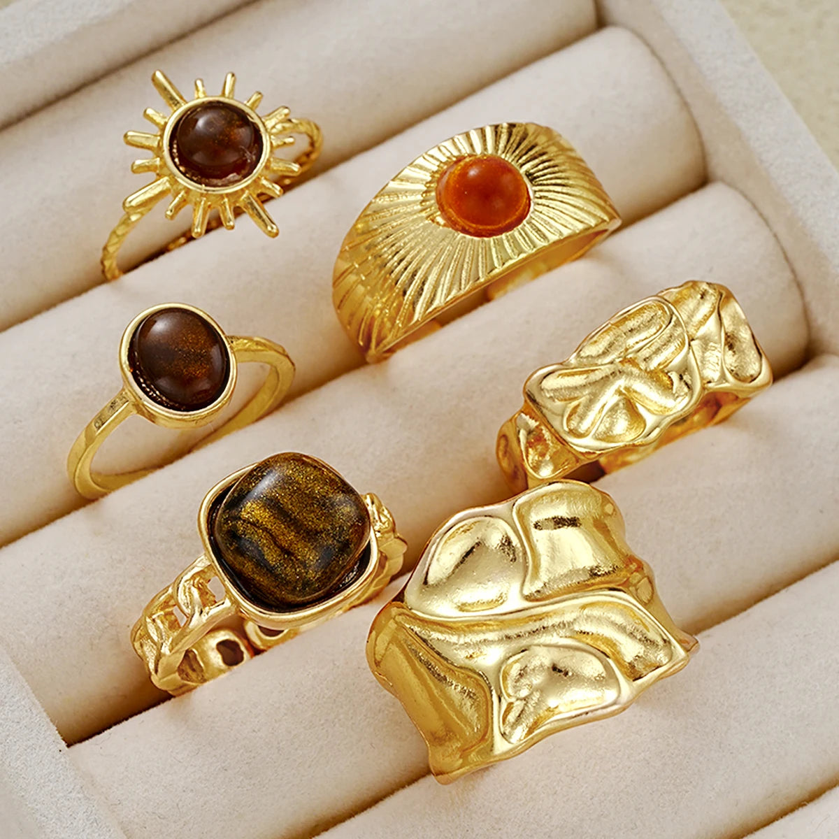 6 Teile/satz Vintage Sonne Blume Tigerauge Stein Ringe für Frauen Unregelmäßige Gold Farbe Ästhetischen Offene Ringe Mode Schmuck Geschenke 2025