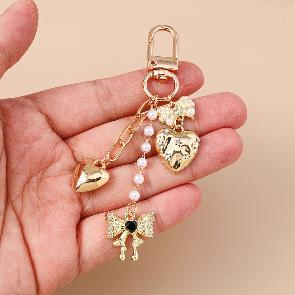 Süße Schleife Liebe Herz Schlüsselanhänger Kristall Perle Schlüsselanhänger Anhänger für Frauen Mädchen Handtasche Dekor DIY handgemachte Schlüsselanhänger Geschenke