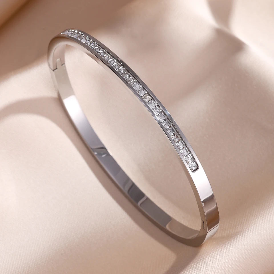 ZAKOL 5/1 Stück funkelndes Edelstahl-Armband-Set mit Zirkonia-Intarsien für Damen, stapelbare Armreifen, modisch, lichtecht, Schmuck, Geschenk