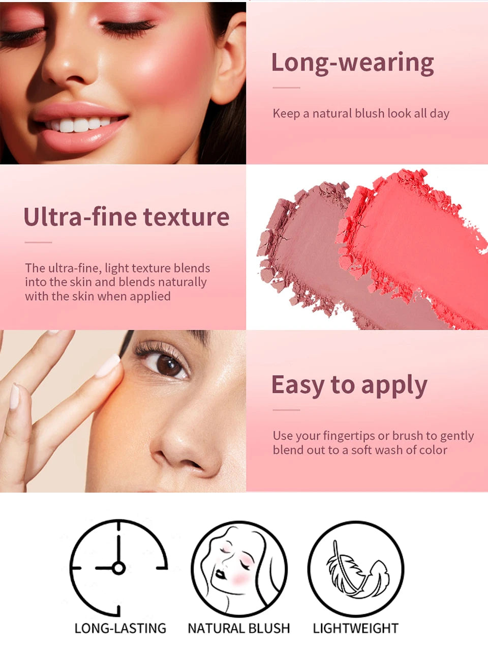 Gesichtsrouge, matt, natürlich, Wangentönung, erhellt das Gesicht, rosa, rot, Gesichtskonturierung, Kosmetik, Rouge, Puder, weiches weibliches Make-up