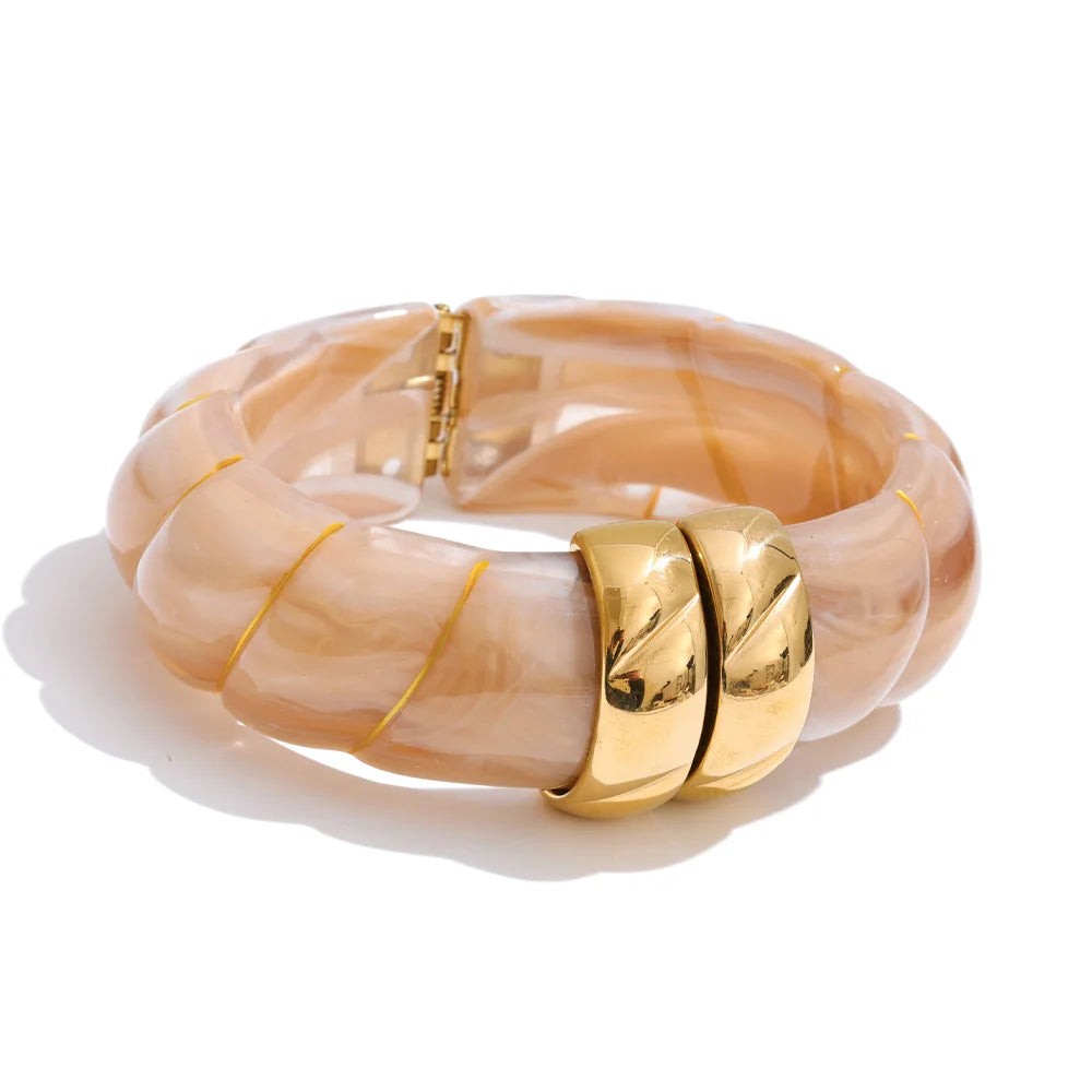 Yhpup Exklusives mehrfarbiges Acrylharz, breites Statement-Armband, Armreif, Edelstahl, Herbst-Winter-Pullover, Handgelenkschmuck