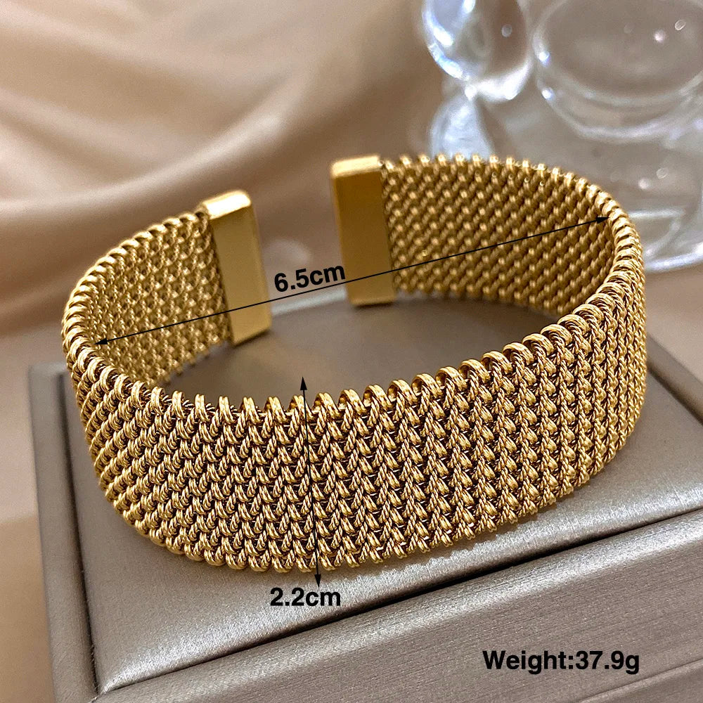 Vintage-Webart, goldene Manschettenarmbänder für Frauen, elegant, trendig, Edelstahl, klobiges Armband, Armreif, wasserdicht, Schmuck, Geschenke