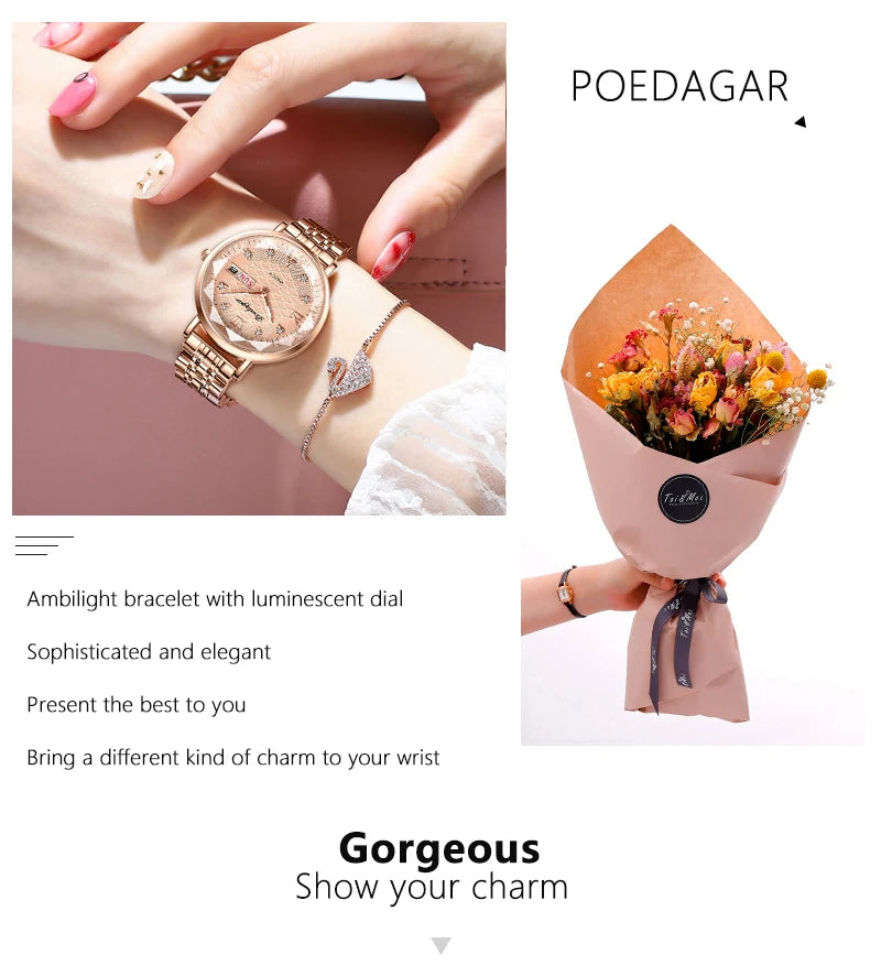 POEDAGAR Frauen Uhr Neue Mode Luxus Edelstahl Armbanduhr Armband Einfache Rose Gold Wasserdicht Leucht Damen Uhren