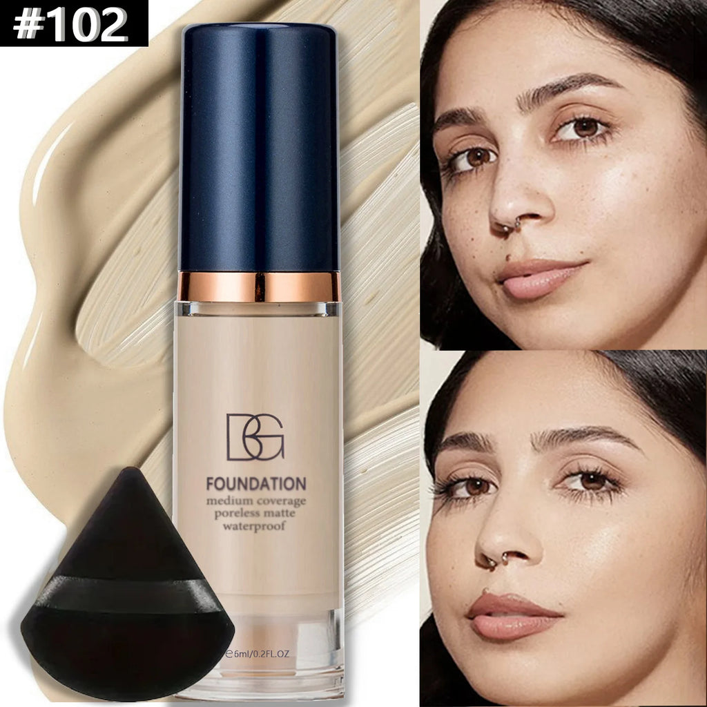 2 Stück wasserdichte flüssige Foundation mit vollständiger Abdeckung und schwarzer dreieckiger Puderquaste, langlebig, mattes Finish, dunkler Kreis und Blemish-Abdeckung