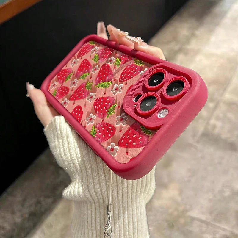Blume Erdbeere Malerei Anhänger Kette Telefon Fall für iPhone 17 16 15 14 13 12 11 Pro Max 16E XS X XR 7 8 Plus Silikon Abdeckung