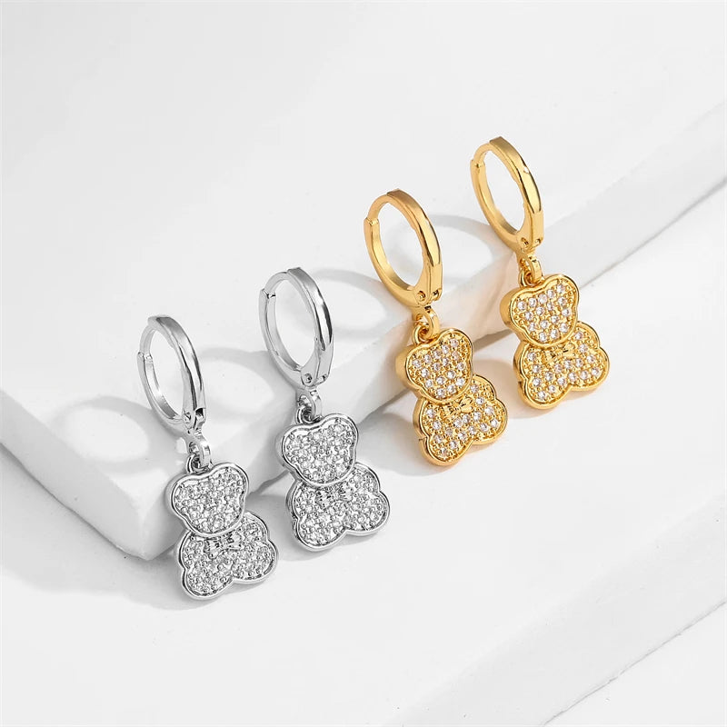 ZAKOL Glänzende Zirkon Teddybär Charm Tropfen Creolen für Frauen Mädchen Geometrische Chinesischen Stil Ohr Zubehör Schmuck Geschenk