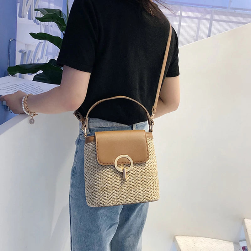Strand Dame Reise Geldbörsen und Handtaschen Casual Ketten Stroh Eimer Taschen Frauen Sommer Umhängetasche Rattan Taschen Schulter Tasche Bolsa