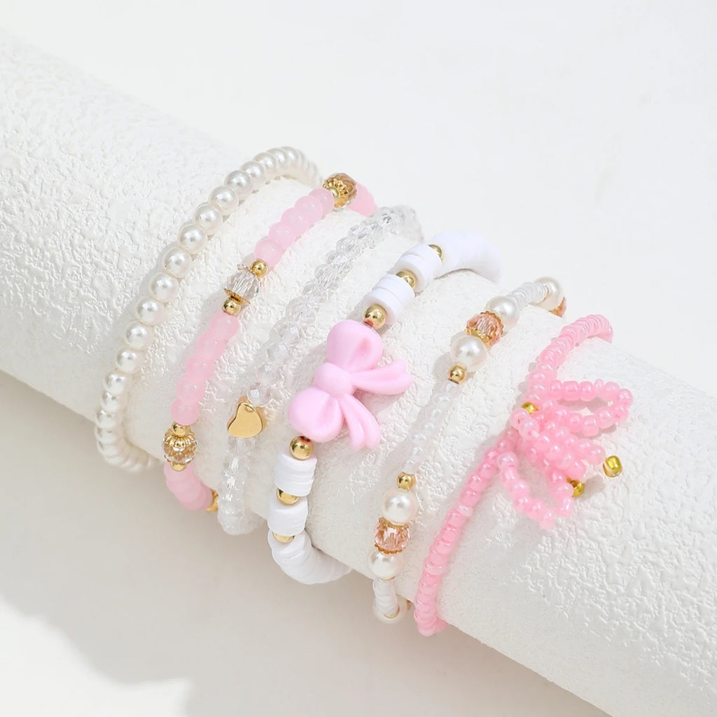 6 Teile/satz Europäischen und Amerikanischen Nette Perle Liebe Perlen Bogen Armbänder Set Für Frauen Einfache Design Süße Schmuck Geschenke