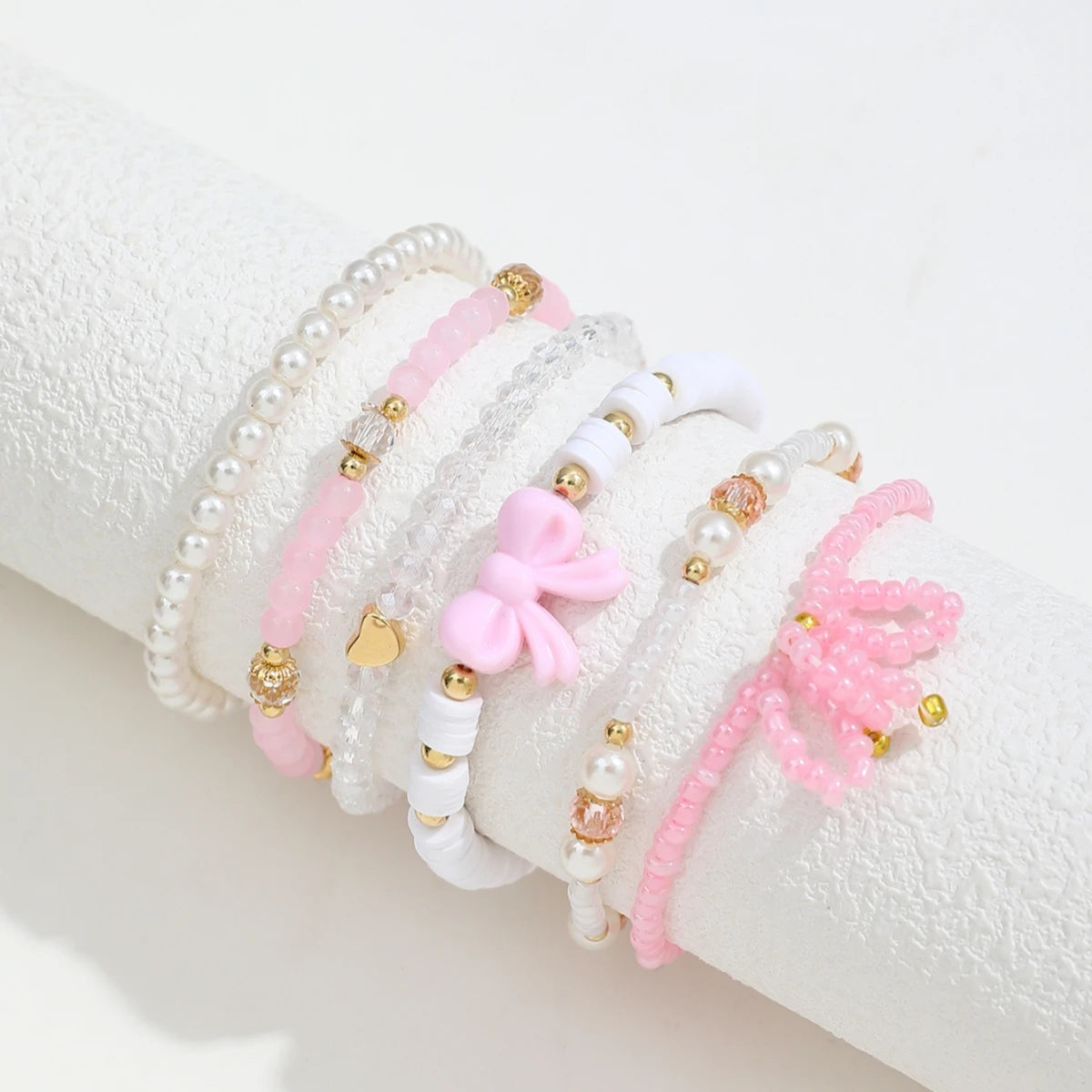 6 Teile/satz Europäischen und Amerikanischen Nette Perle Liebe Perlen Bogen Armbänder Set Für Frauen Einfache Design Süße Schmuck Geschenke