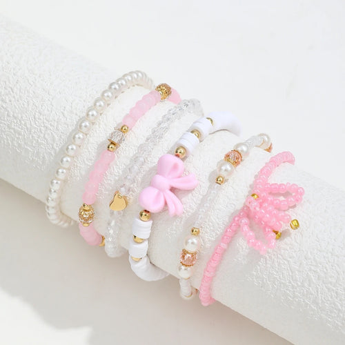 6 Teile/satz Europäischen und Amerikanischen Nette Perle Liebe Perlen Bogen Armbänder Set Für Frauen Einfache Design Süße Schmuck Geschenke