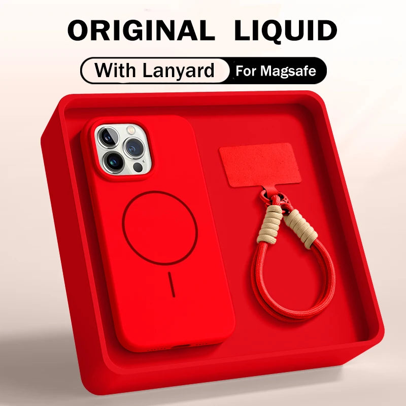 Offizielle Flüssigsilikon-Lanyard-Schutzhülle für iPhone 17, Air 16, 16E, 14, 15 Plus 12, 13, 11 Pro Max, für Magsafe Magneitc Soft Cover