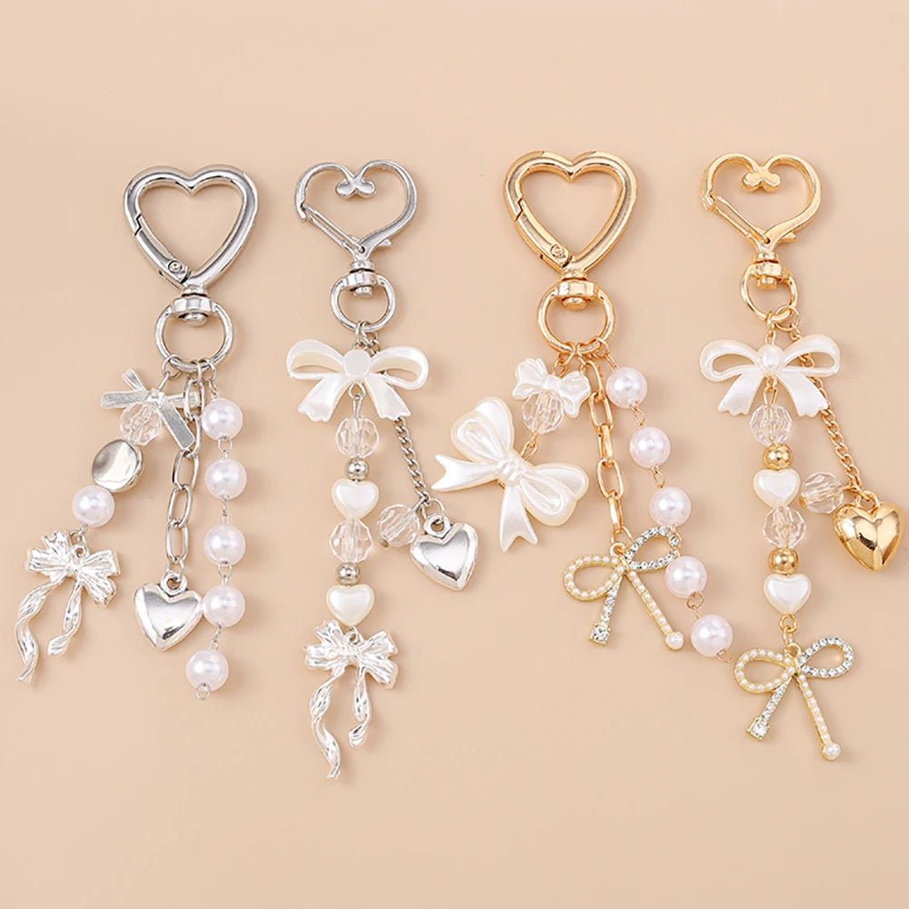 Süße Schleife Liebe Herz Schlüsselanhänger Kristall Perle Schlüsselanhänger Anhänger für Frauen Mädchen Handtasche Dekor DIY handgemachte Schlüsselanhänger Geschenke