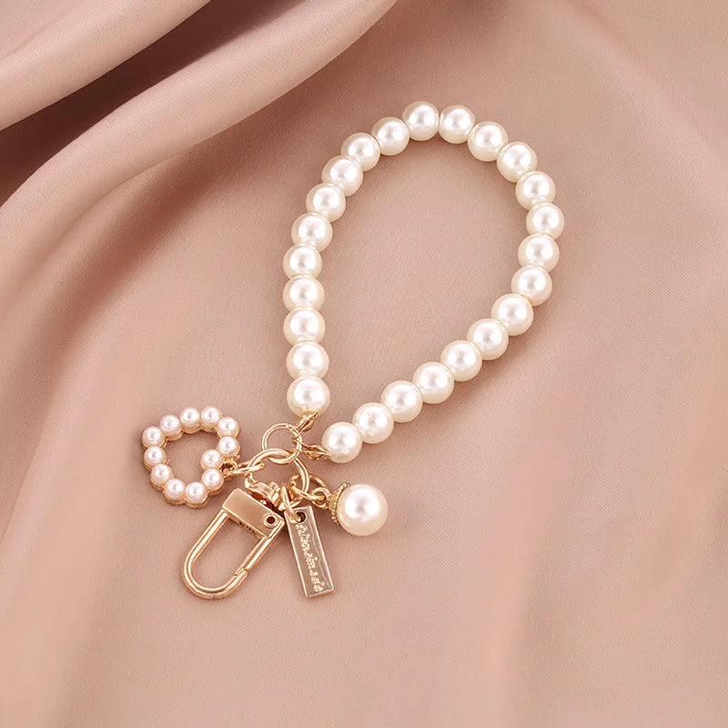 1PC Nette Shell Herz Bogen Imitation Perle Perlen Kette Anhänger Telefon Schlüsselbund Imitation Perle Tasche Schlüssel Kette