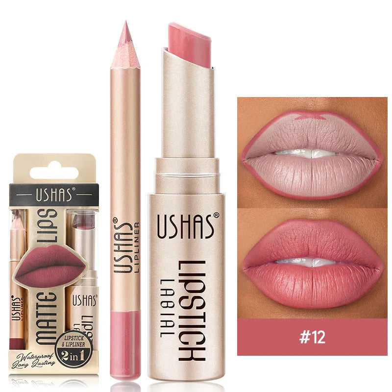 USHAS 12-Farben-Lipliner + Lippenstift-Set, leicht färbender, mattierter Lippenstift, langlebiger nackroter Lippenstift