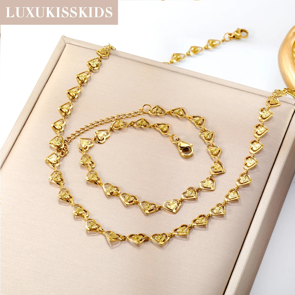 LUXUKISSKIDS Mode Kubische Liebe Herz Minimalistischen Schmuck Set Halskette Ohrringe Armbänder Edelstahl Frauen/Mädchen Zubehör