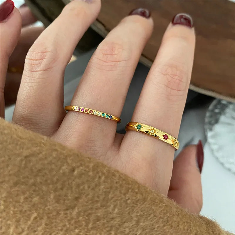 2 Teile/satz Edelstahl Regenbogen Farbe Kubikzircon Stein Finger Ringe für Frauen INS Gold Farbe Wasserdicht Sterne Ring Schmuck