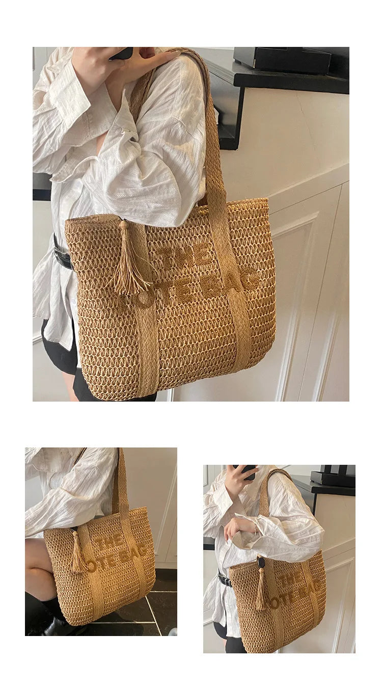 Französischer Stil, große Kapazität, gewebte Strohtasche für Damen, neue Strandurlaub-Umhängetasche, lässige Pendler-Einkaufstasche, Geldbörse