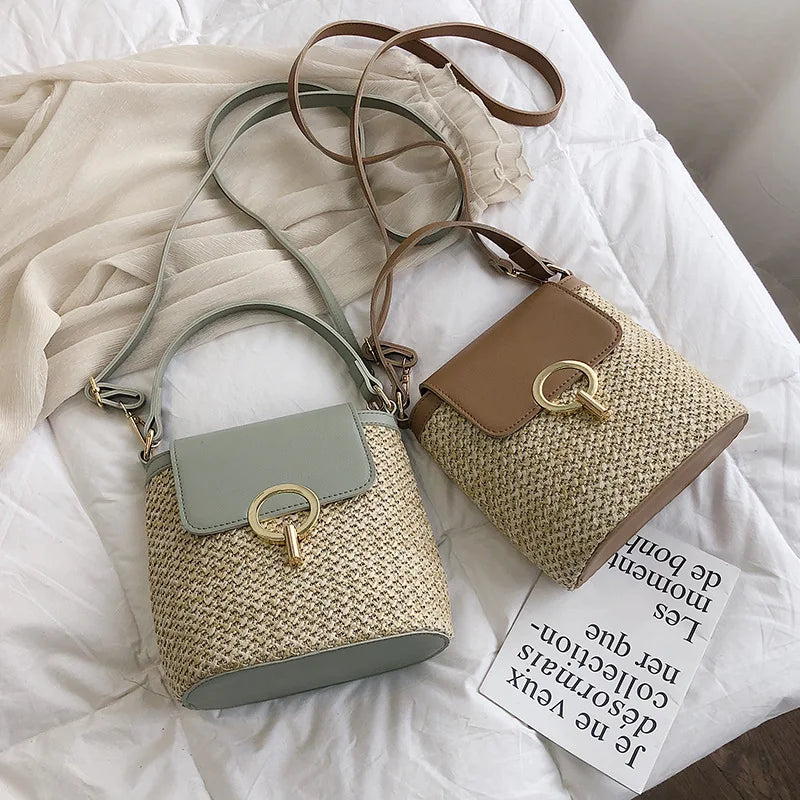 Strand Dame Reise Geldbörsen und Handtaschen Casual Ketten Stroh Eimer Taschen Frauen Sommer Umhängetasche Rattan Taschen Schulter Tasche Bolsa