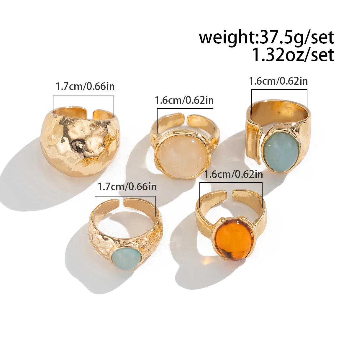 Vintage Boho Ring-Set (5-teilig) – Offene Metallringe mit Acryl