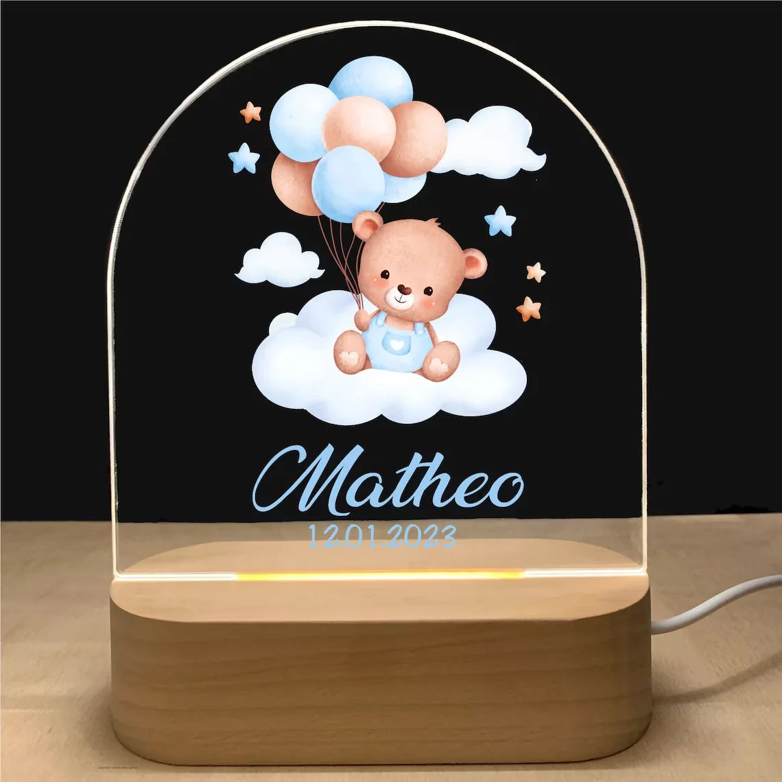 Personalisierbares Baby Nachtlicht mit USB & Holzbasis